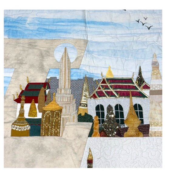 Handmade Quilt Thank You Thailand Signed Hmong Handmade Man Holding World 52x36 - Picture 3 of 7